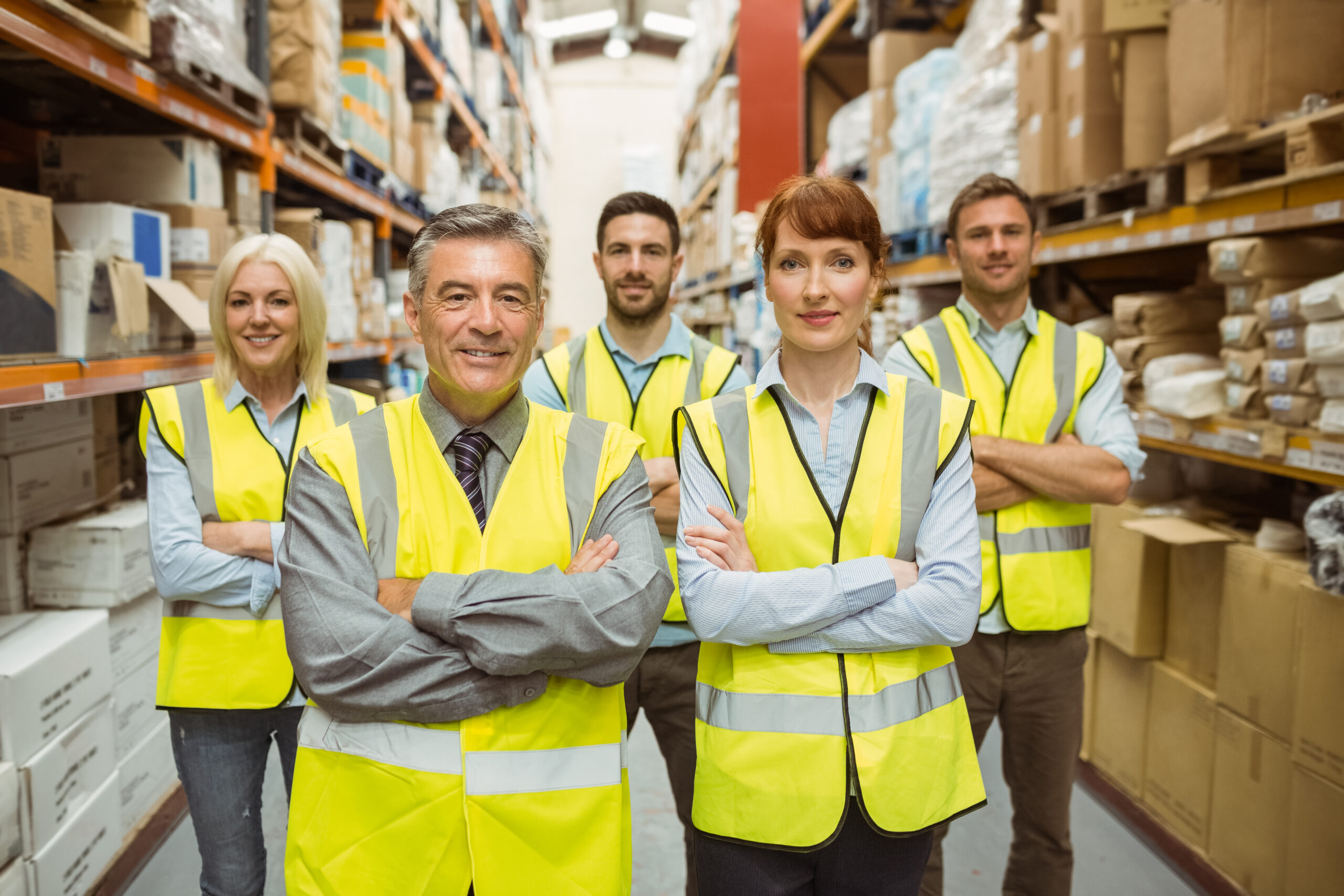 Smiling warehouse team with arms crossed in a large warehouse.