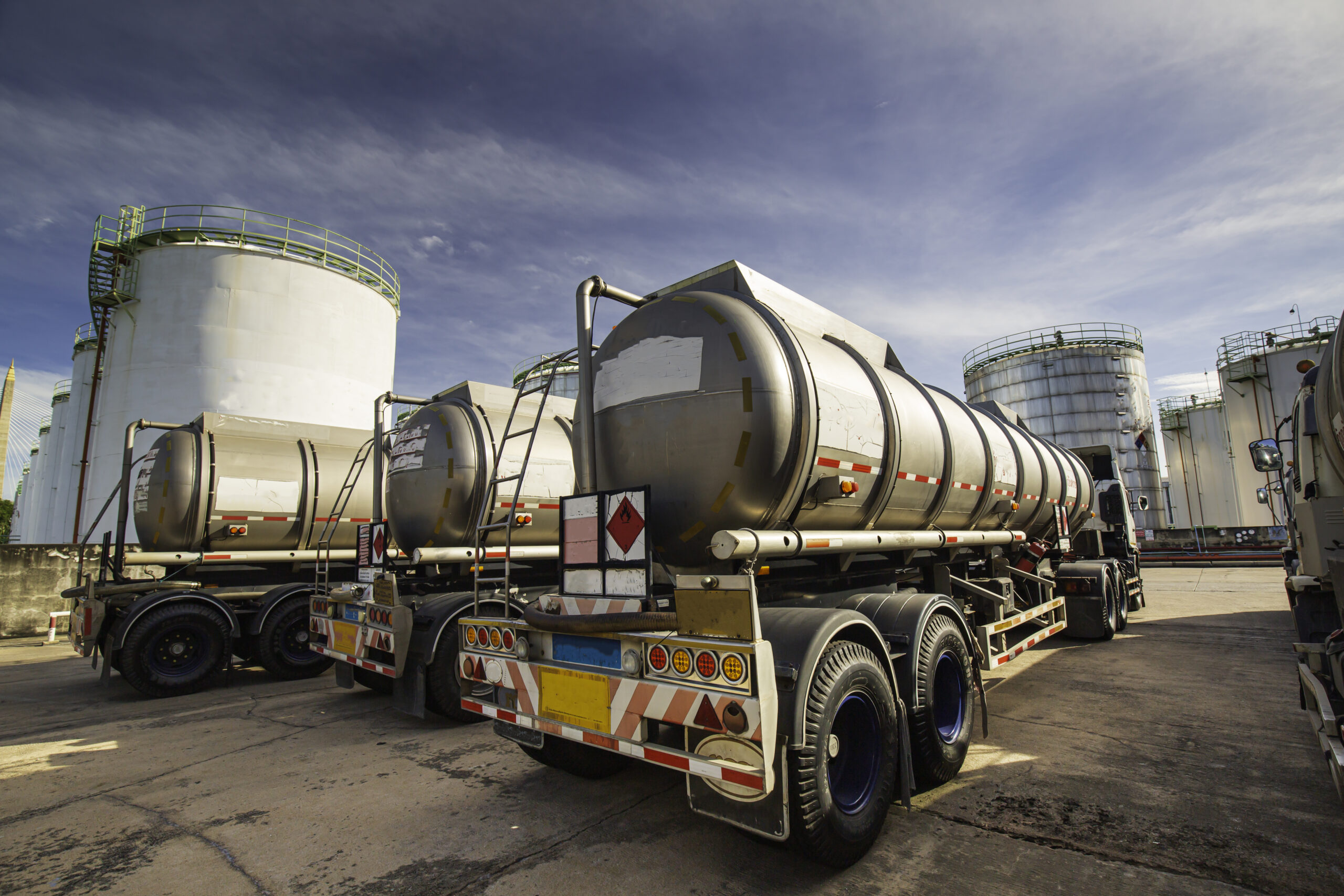 Transportation truck dangerous chemical truck tank stainless is parked in the factory.